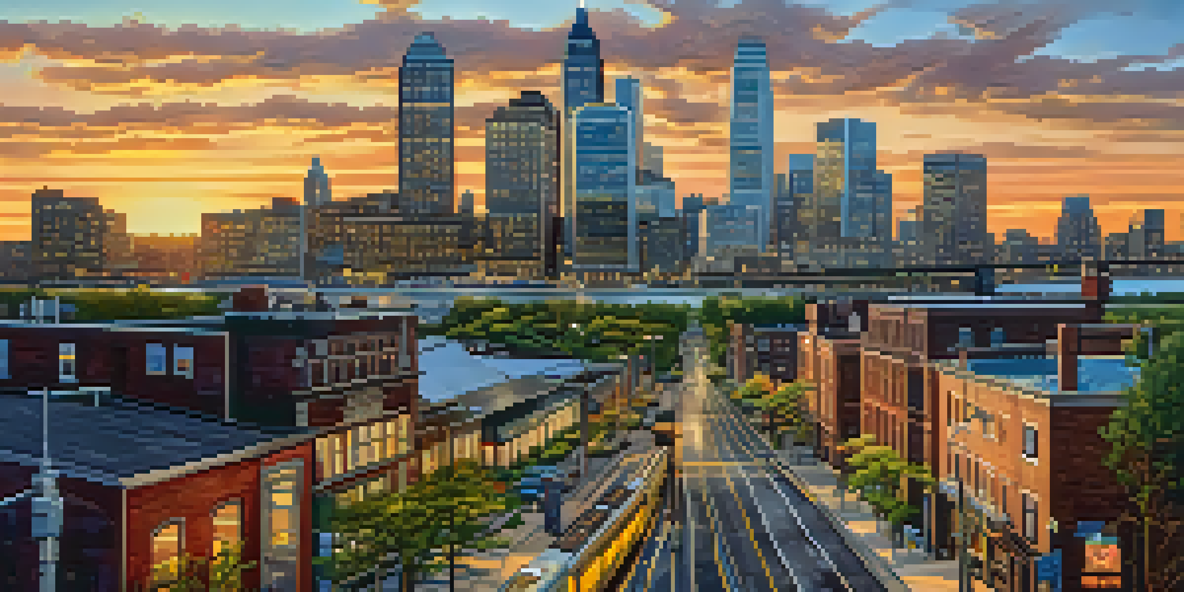 A sunset view of Downtown Jersey City featuring modern buildings, street art, and people walking along the waterfront.