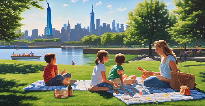 A family having a picnic in Liberty State Park, with the Statue of Liberty and the Manhattan skyline visible in the background.