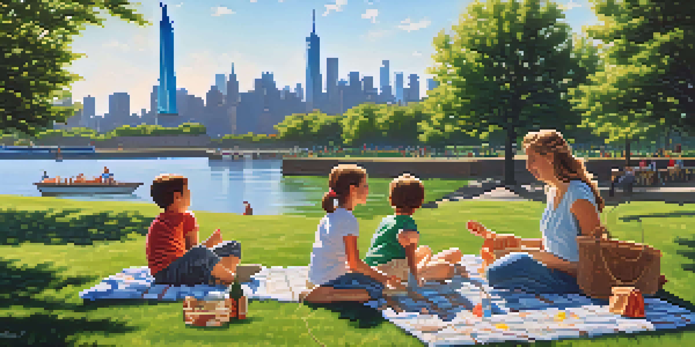 A family having a picnic in Liberty State Park, with the Statue of Liberty and the Manhattan skyline visible in the background.