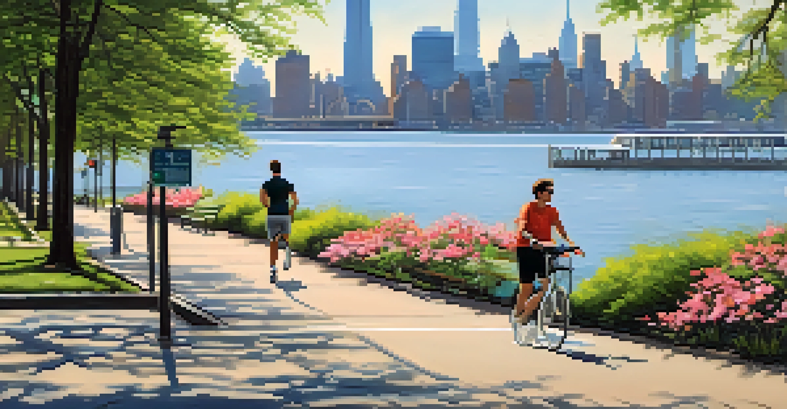 A peaceful scene of the Hudson River Waterfront Walkway with joggers, cyclists, blooming flowers, and the Manhattan skyline reflected in the river.