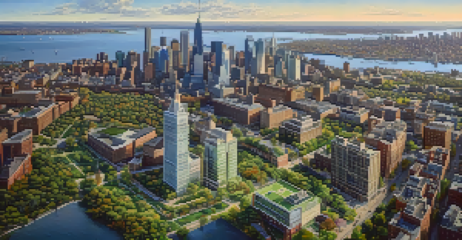 Aerial view of Jersey City showing green parks, modern buildings, and transportation systems under a warm sunlight.