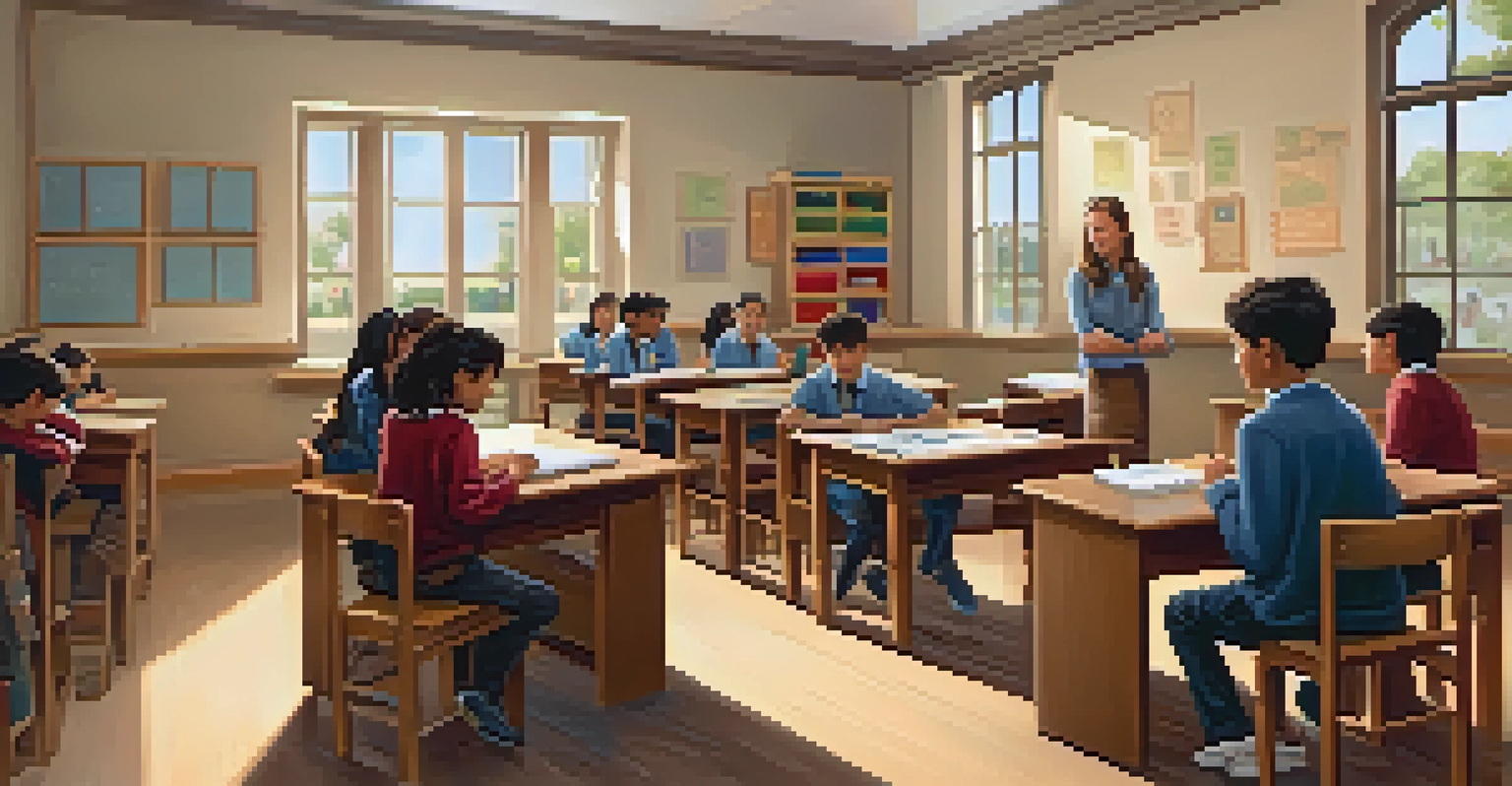A teacher providing personalized attention to a small group of students in a cozy private school classroom.