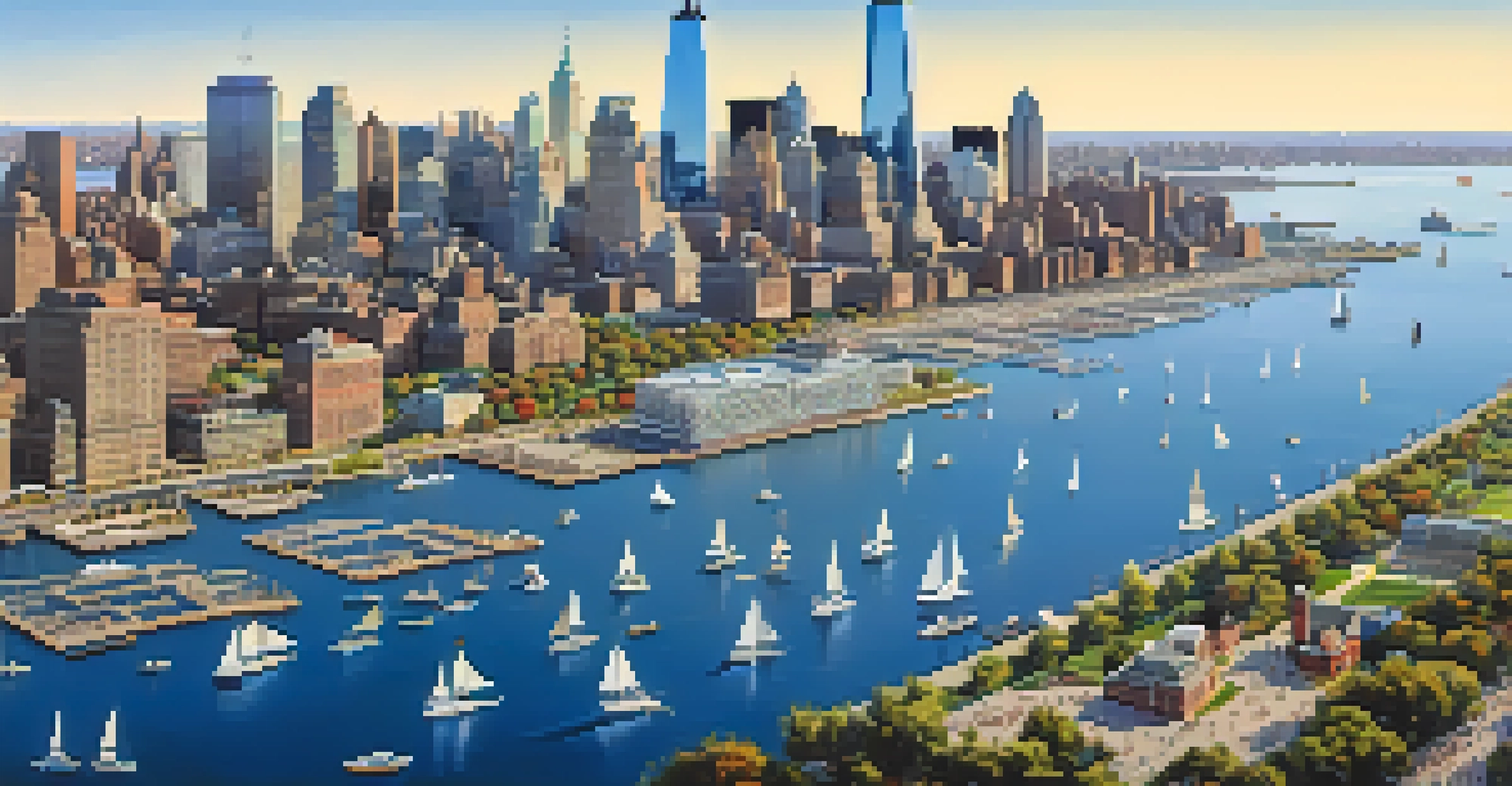 An aerial view of the Jersey City waterfront with the Manhattan skyline in the background, featuring boats on the river and parks along the shore.