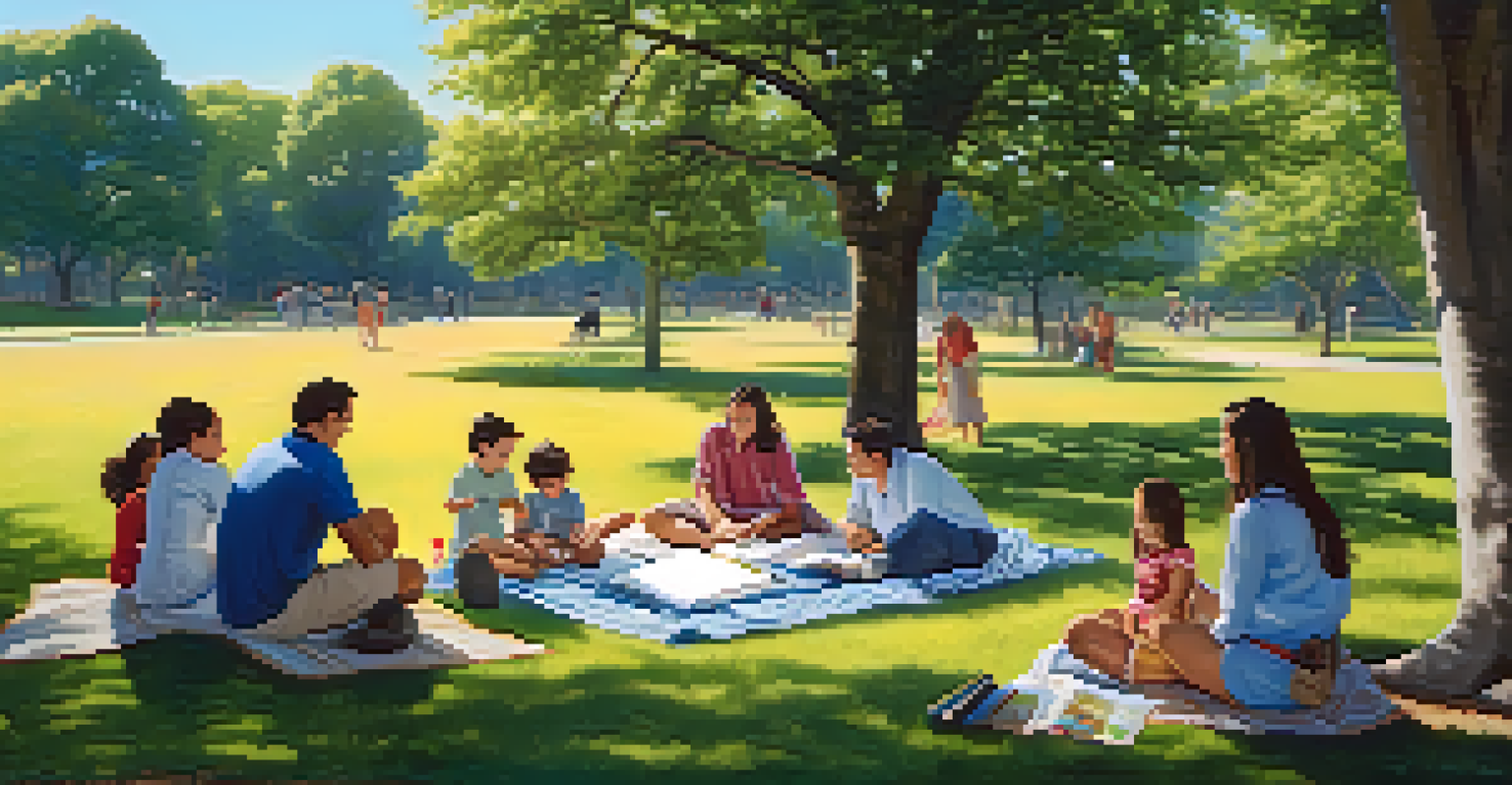 A family at a park meeting place, smiling and discussing their emergency plan, with a picnic blanket spread out.