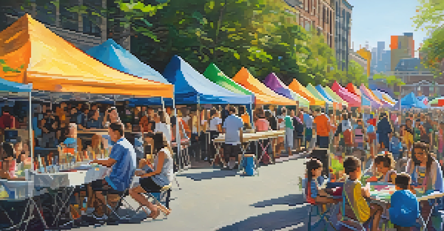 Families participating in art activities at an outdoor festival in Jersey City, with colorful banners and live performances.