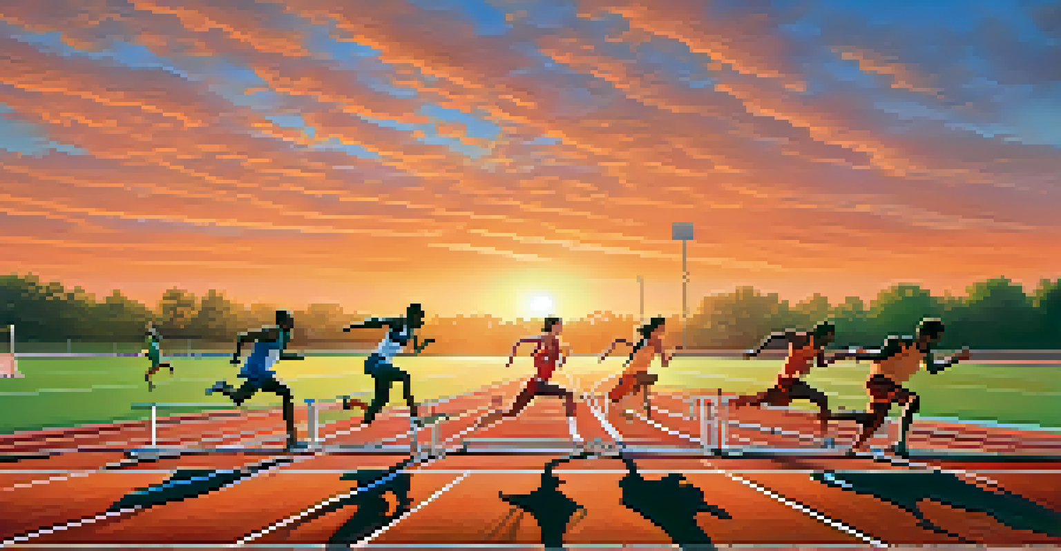 A peaceful early morning track and field scene with athletes preparing on the track as the sun rises, illuminating the surroundings.