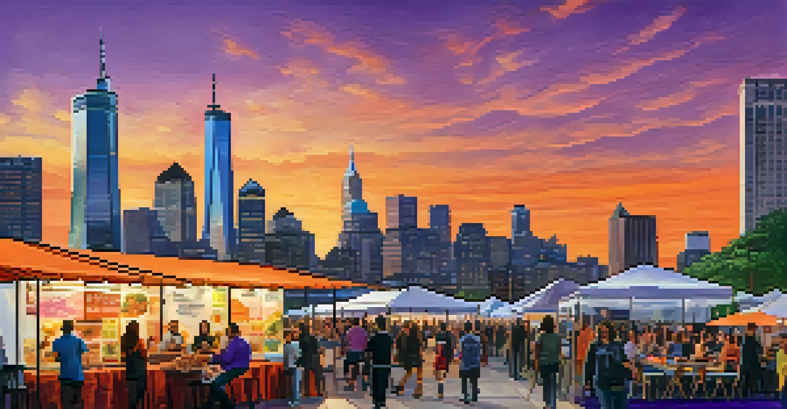 The Jersey City skyline at sunset with people enjoying an outdoor community event in the foreground.