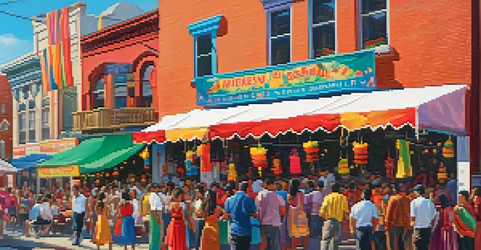 A multicultural festival in Jersey City with people dancing, colorful banners, and food stalls.