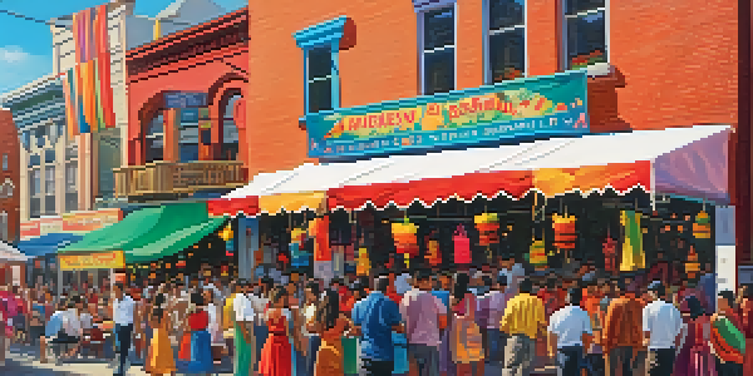 A multicultural festival in Jersey City with people dancing, colorful banners, and food stalls.