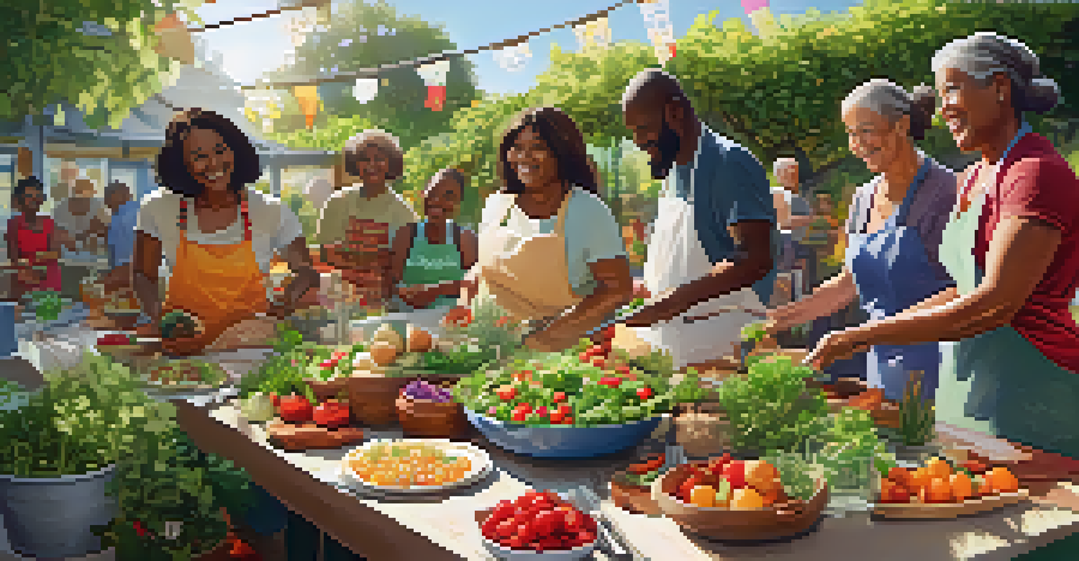 Residents enjoying a cooking event in a community garden, preparing a fresh salad with colorful vegetables and herbs while sharing laughter.
