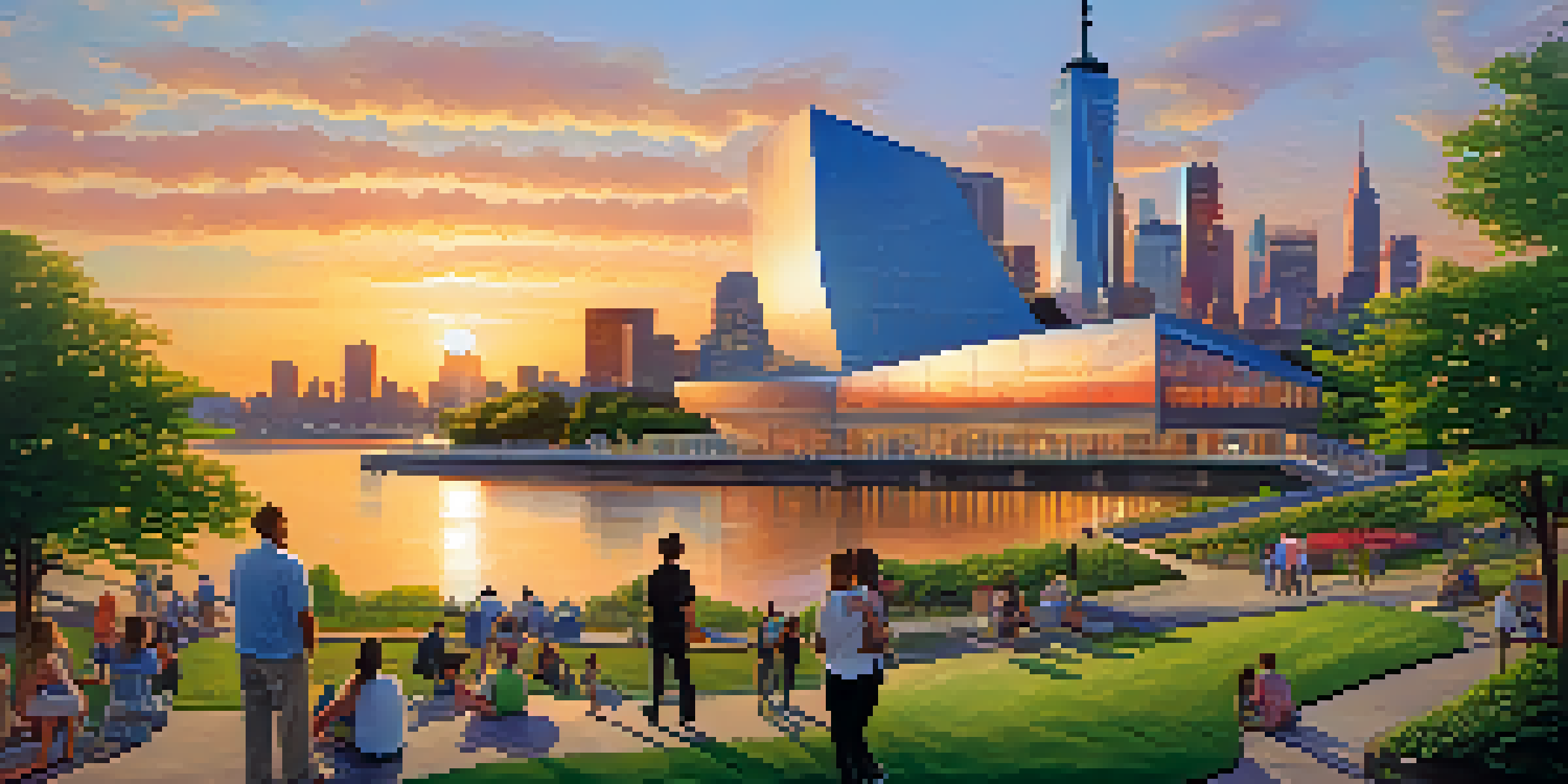 A panoramic view of Liberty Science Center with the Statue of Liberty and Manhattan skyline in the background during sunset.