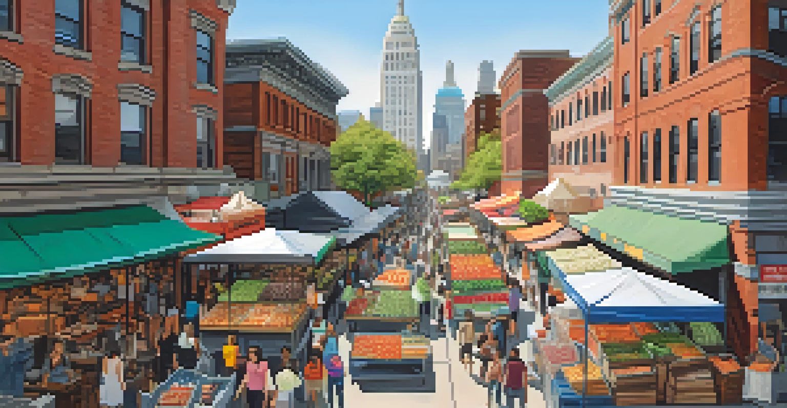 Aerial view of a lively street market in Jersey City showcasing diverse vendors and shoppers.