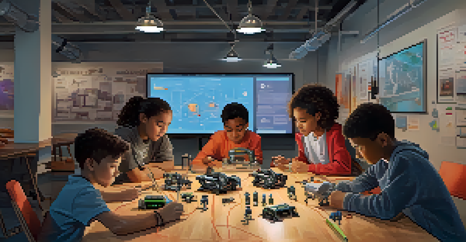 Students of various backgrounds collaborating on building a robot in an after-school robotics club, surrounded by tools and diagrams in a warm, inviting space.