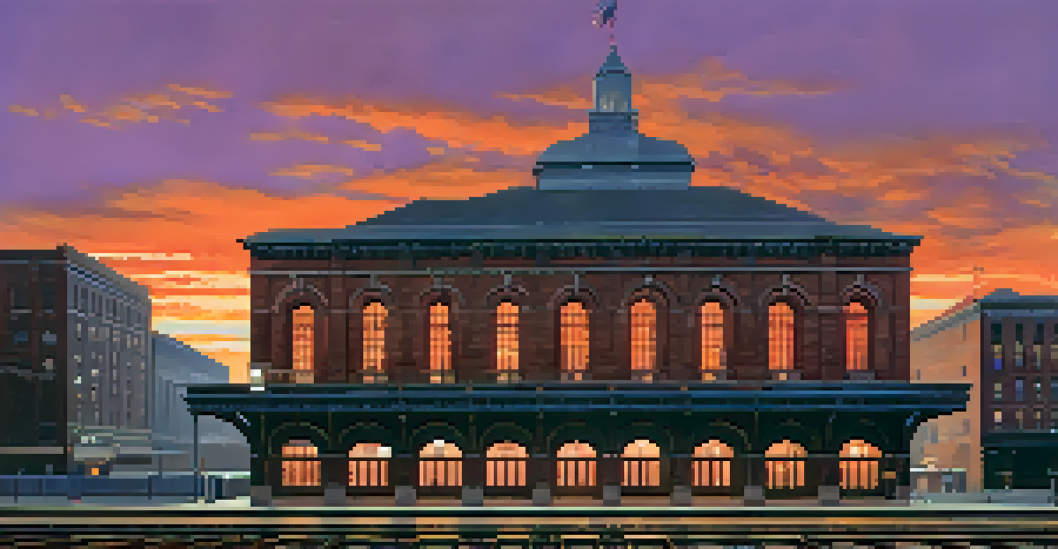 The Central Railroad Terminal of New Jersey at sunset, with ghostly figures waiting on the platform against a vibrant sky.
