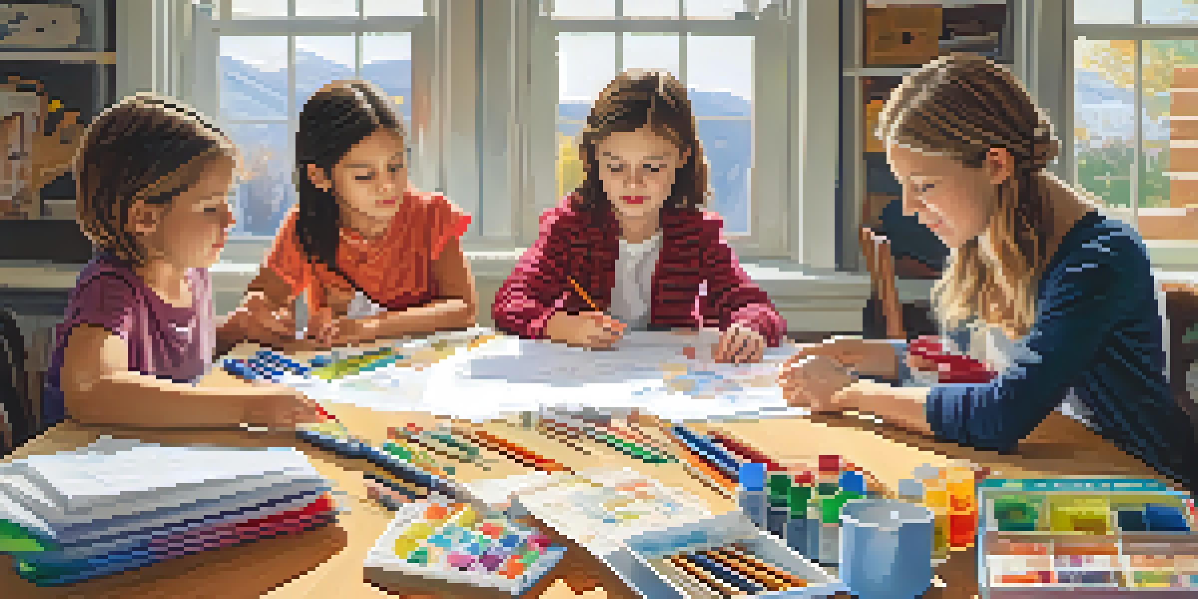 A family working together to create an emergency plan at a table, with children drawing and adults discussing strategies.