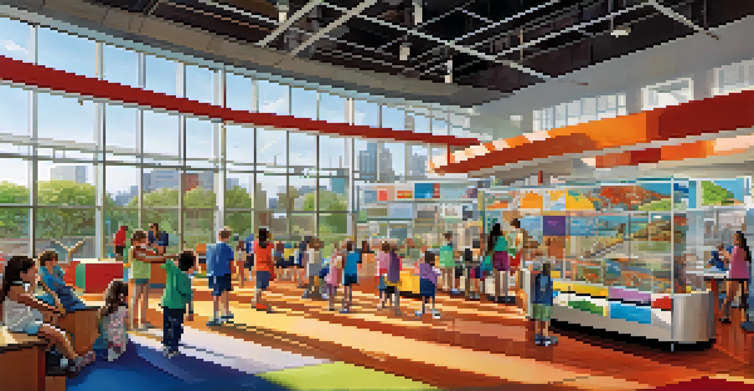 Children engaged with interactive exhibits inside the Liberty Science Center, filled with colorful displays and natural light.
