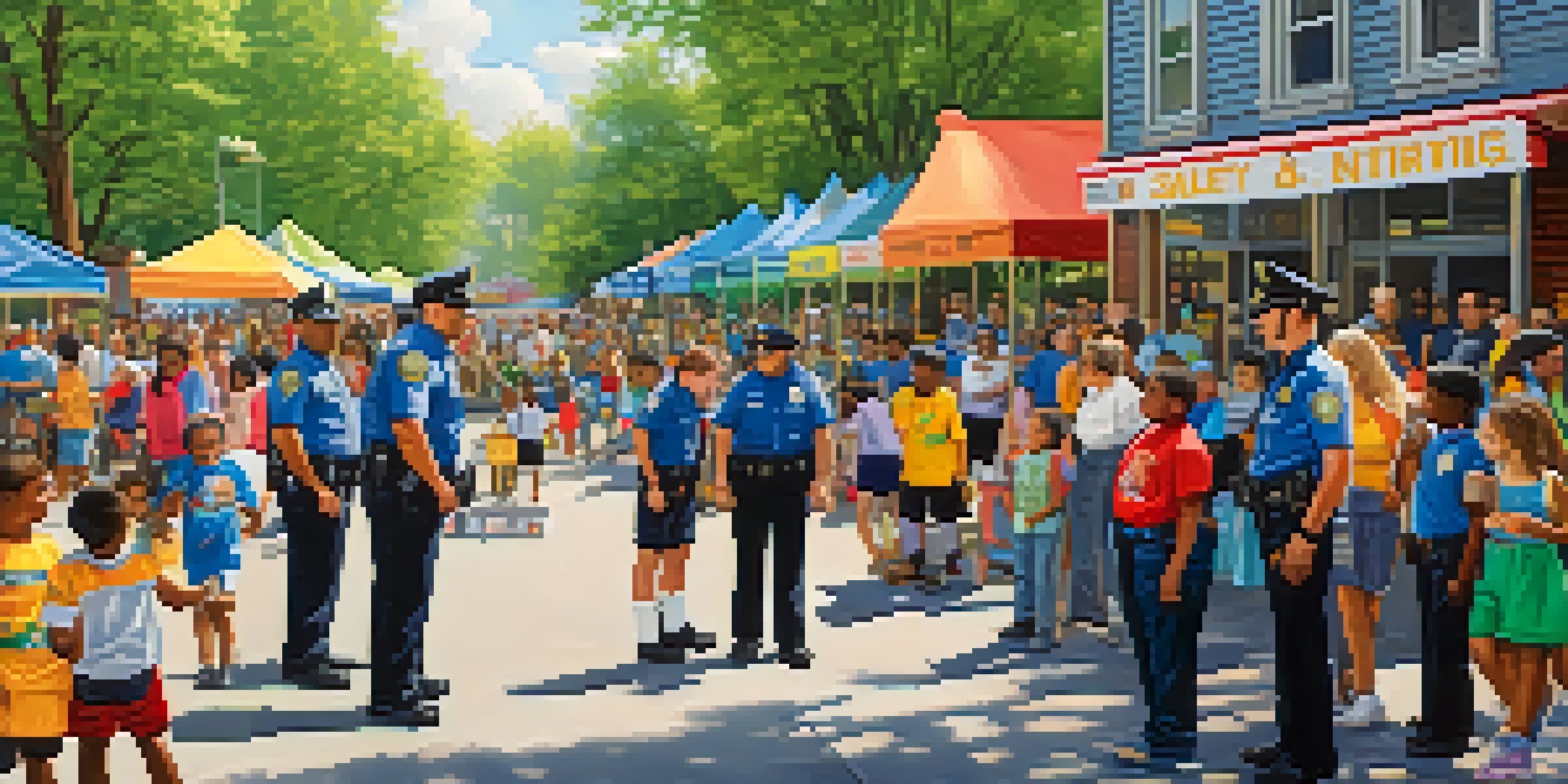 A lively community policing event in a park, with police officers interacting with families and children, showcasing safety initiatives.