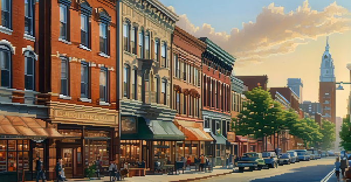 A vibrant scene showcasing Jersey City's historic downtown with Victorian and Art Deco architecture during golden hour, featuring people and local shops.
