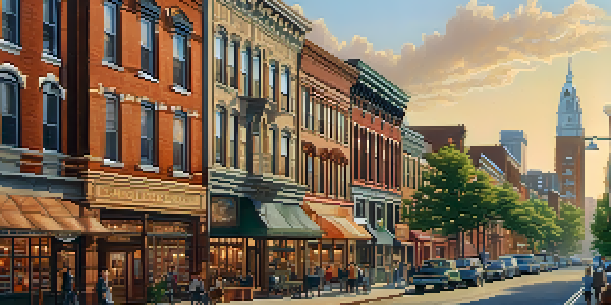 A vibrant scene showcasing Jersey City's historic downtown with Victorian and Art Deco architecture during golden hour, featuring people and local shops.
