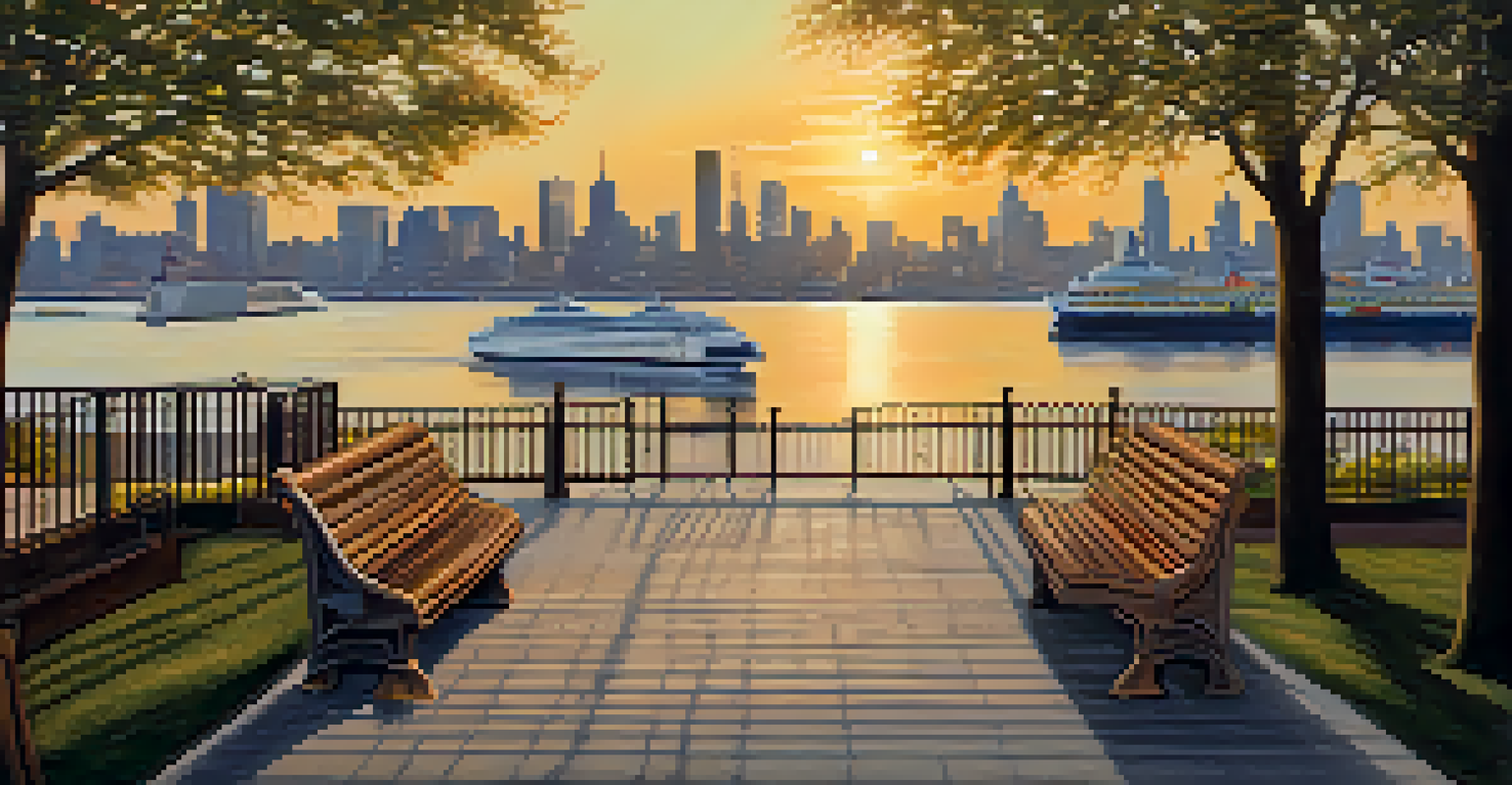 A picturesque waterfront scene in Jersey City with ferries, sunset reflections on water, and a pedestrian pathway lined with trees.