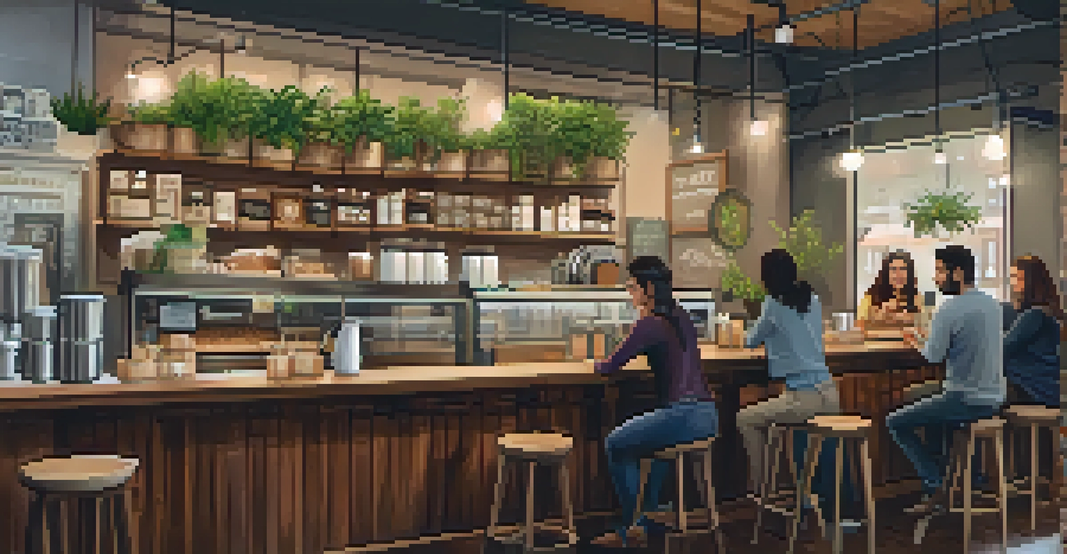 A warm and inviting café in Jersey City with a barista making oat milk lattes and customers enjoying plant-based snacks and drinks.