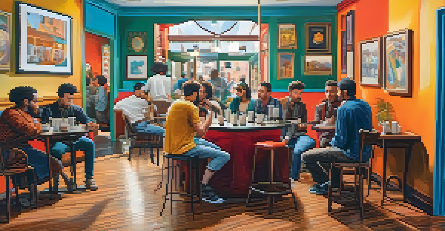 An energetic café with colorful decor, featuring digital nomads talking over coffee and local musicians performing.