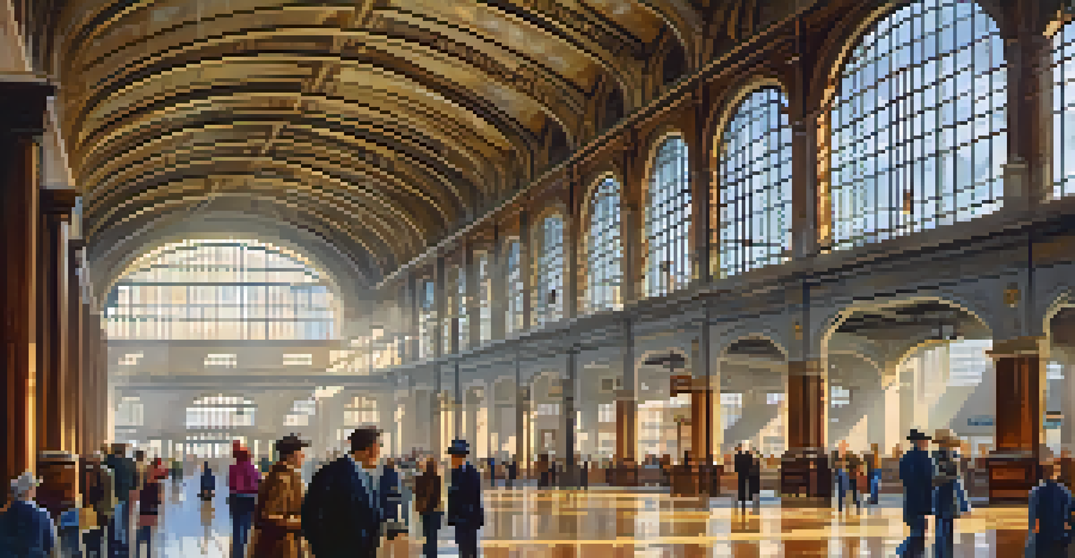 The interior of the Central Railroad of New Jersey Terminal with visitors exploring, highlighting its historic architecture.
