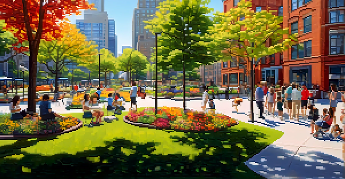 A lively urban park in Jersey City filled with greenery, flowers, and families, with modern buildings in the background under a clear blue sky.