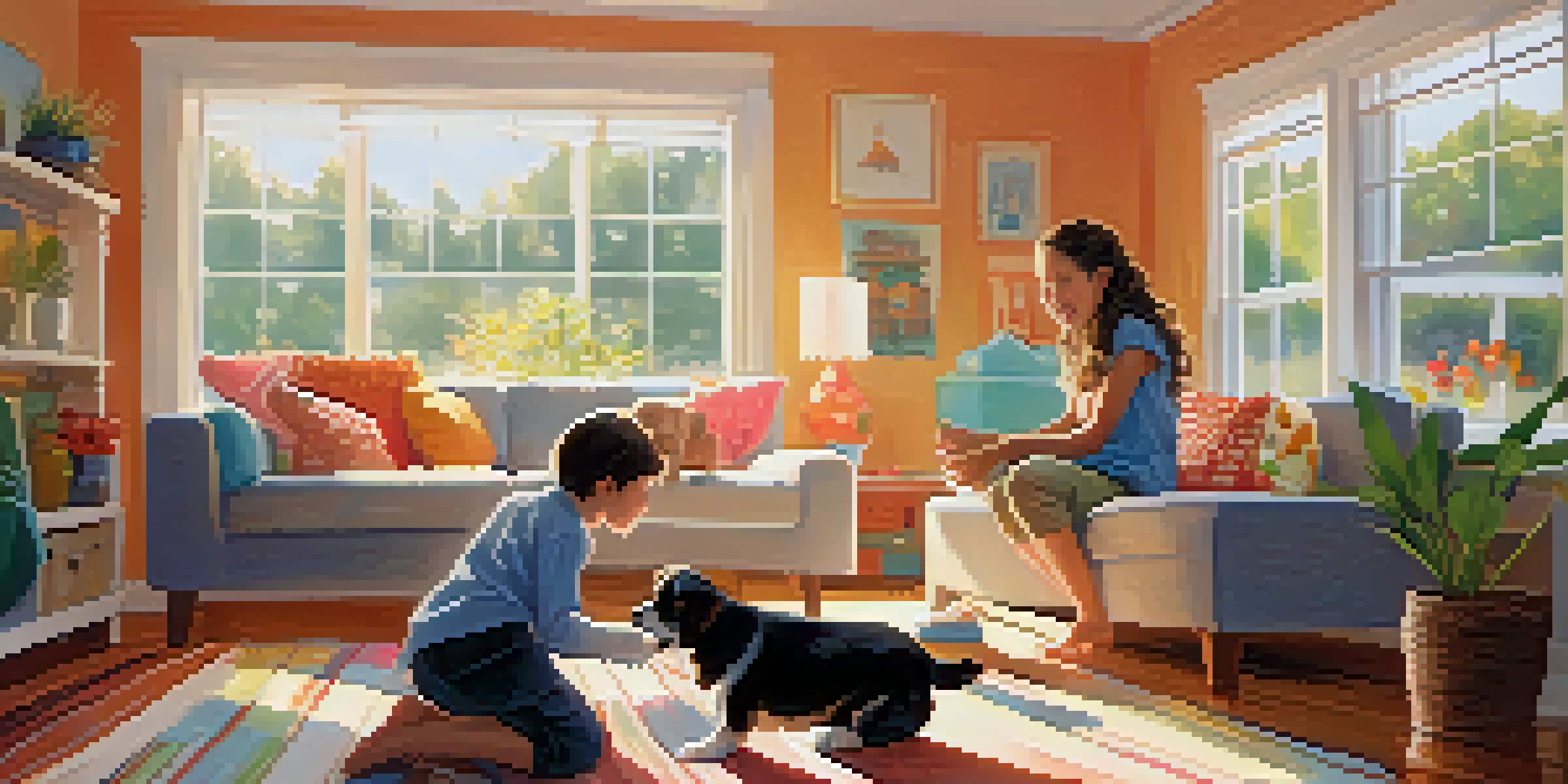 A family of four joyfully welcoming a playful puppy in a bright living room, with sunlight streaming through the window.