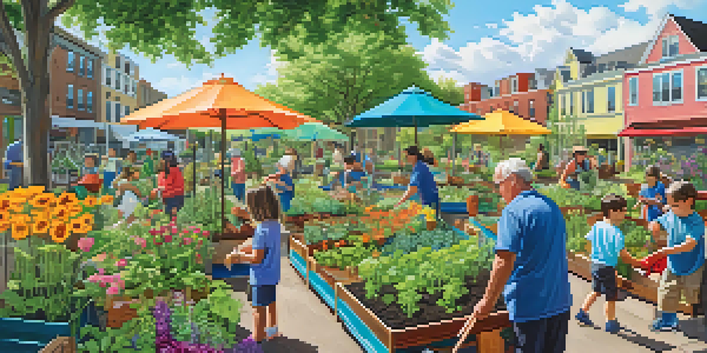Seniors and children collaborating in a community garden, planting flowers and vegetables in a sunny environment.