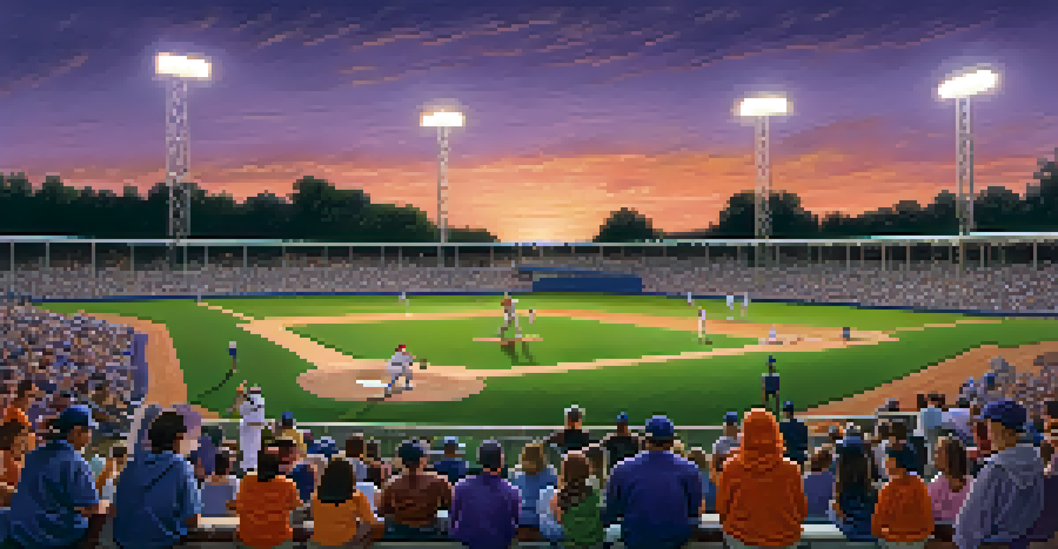 A family-friendly baseball game at dusk with families cheering and a colorful sunset.