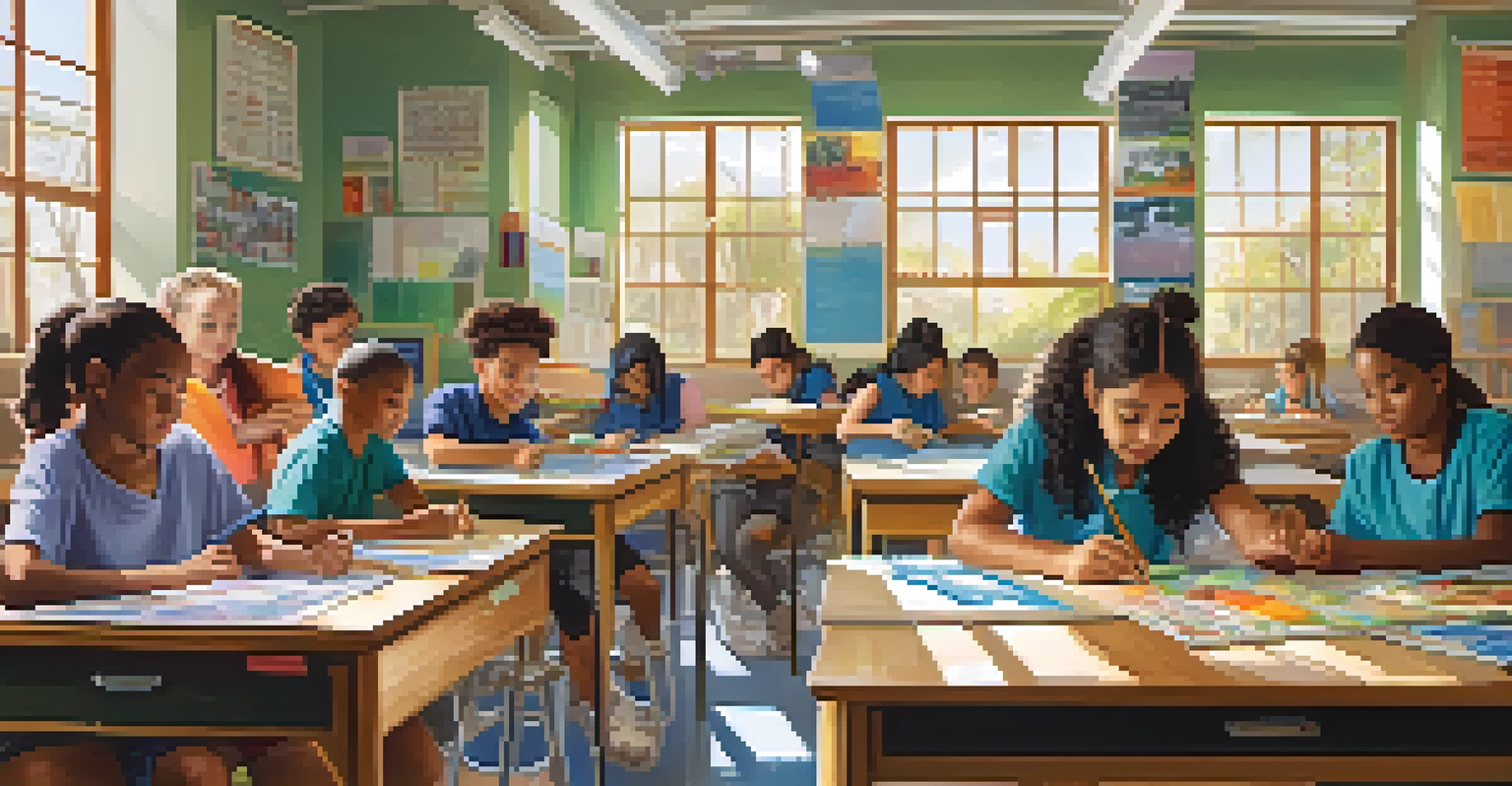 A diverse group of students working together on a science project in a bright and colorful classroom.
