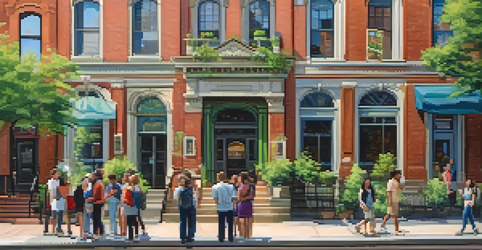 A walking tour in Jersey City with a guide and a group of people in front of a historic theater.