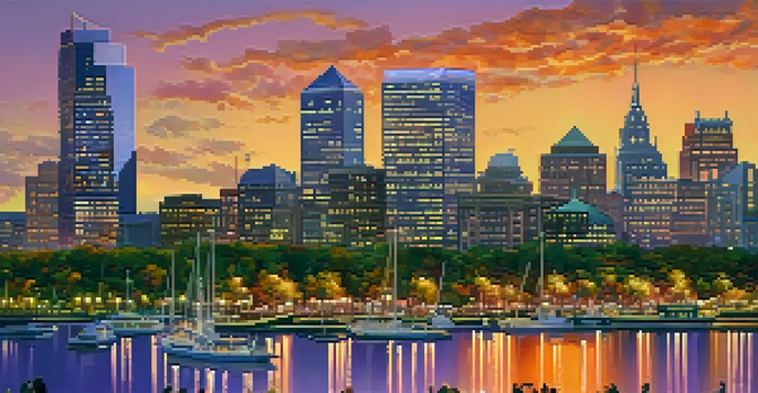A panoramic view of Jersey City's skyline at sunset with modern skyscrapers and historic buildings, featuring a vibrant sky and a busy waterfront park.