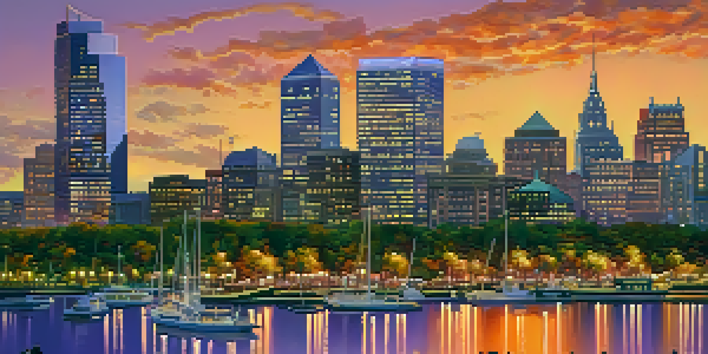 A panoramic view of Jersey City's skyline at sunset with modern skyscrapers and historic buildings, featuring a vibrant sky and a busy waterfront park.