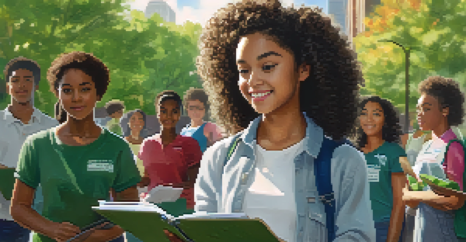 A young girl leading a community service event, holding a clipboard, with peers preparing to clean a park, surrounded by greenery and sunlight.