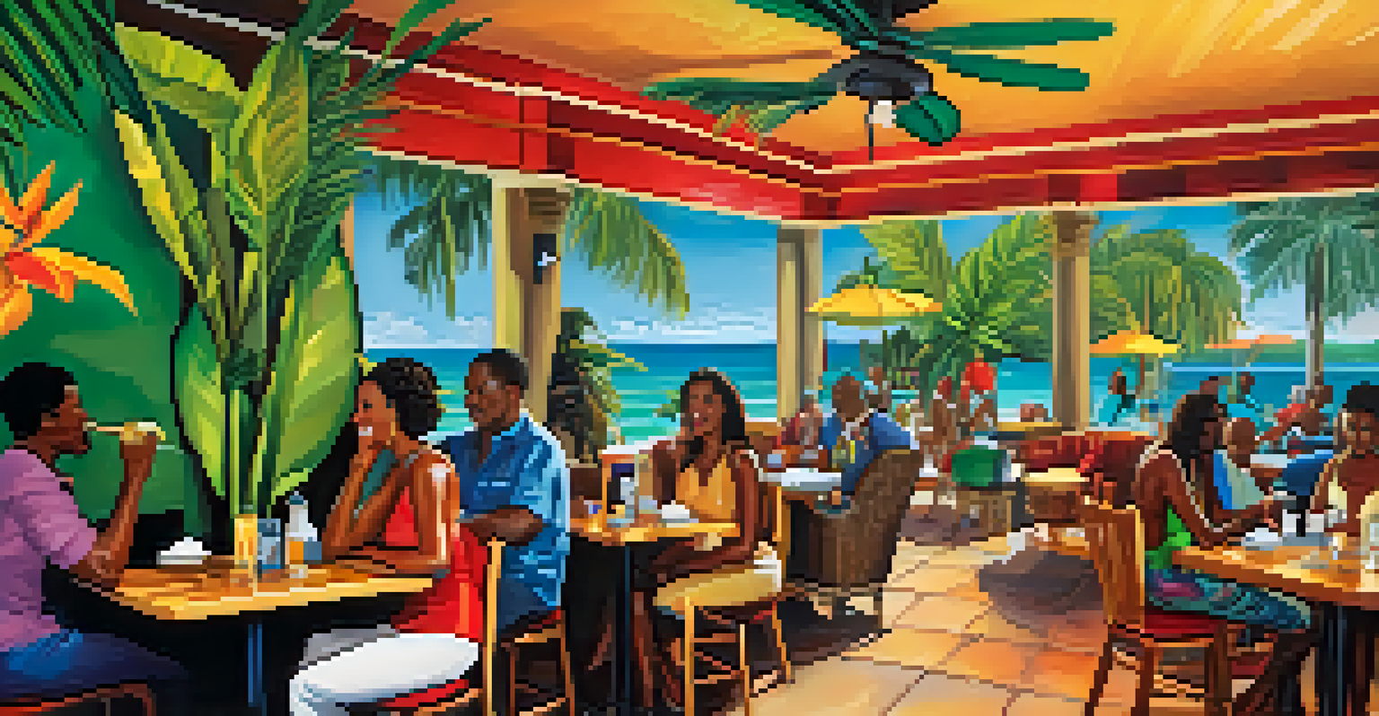 The interior of Rumba Cafe with vibrant Caribbean decor, diners enjoying food and drinks, and live music creating a lively atmosphere.