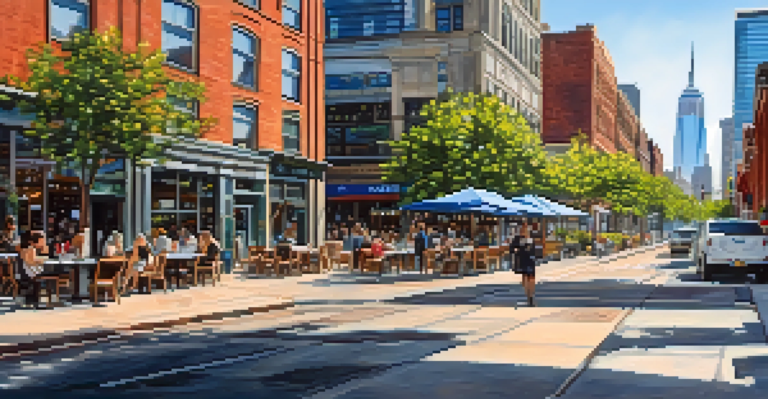 A lively street scene in Downtown Jersey City with high-rise buildings, outdoor cafes, and a view of the Manhattan skyline.