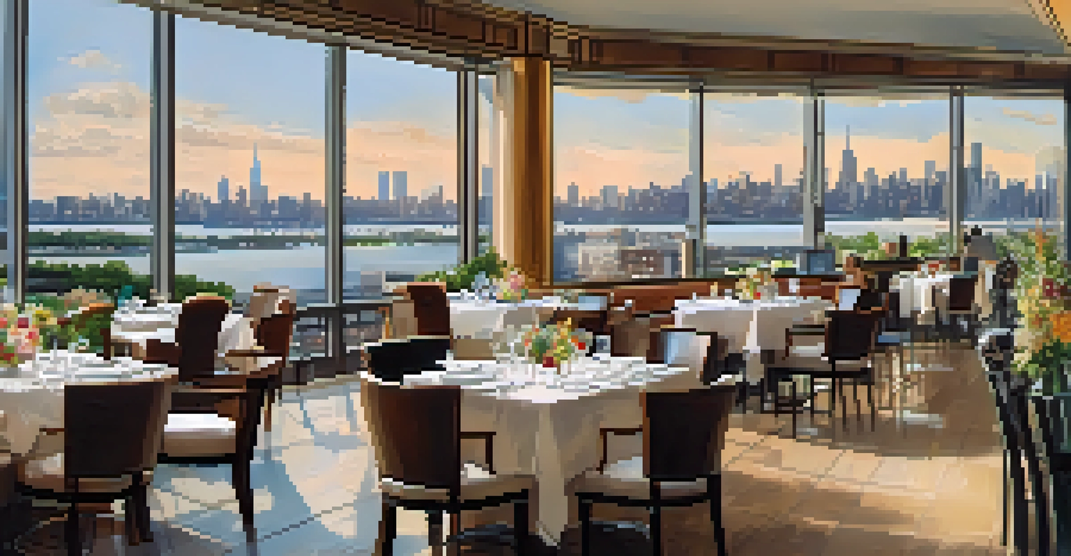 An indoor dining area with large windows showcasing the Manhattan skyline, filled with patrons enjoying diverse dishes.