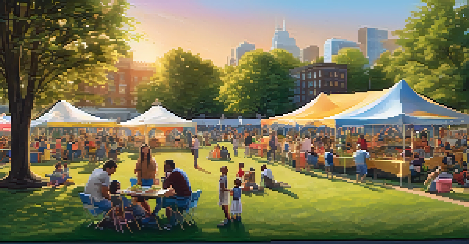 A community event in a park with an artist painting, families enjoying a farmers' market, and children playing, all illuminated by a warm sunset.