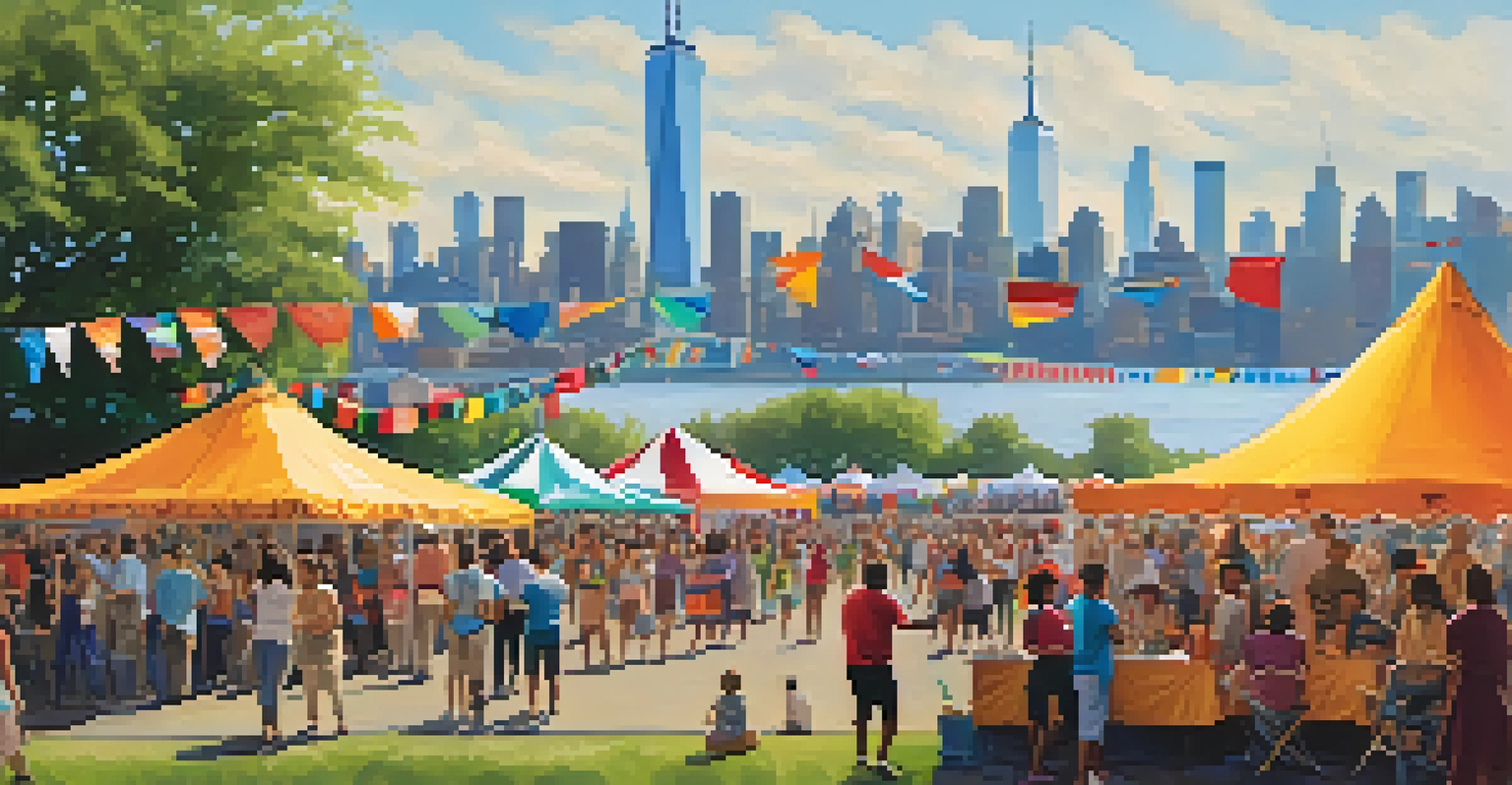 A lively cultural festival in Liberty State Park with people enjoying food, music, and dance amidst colorful decorations.