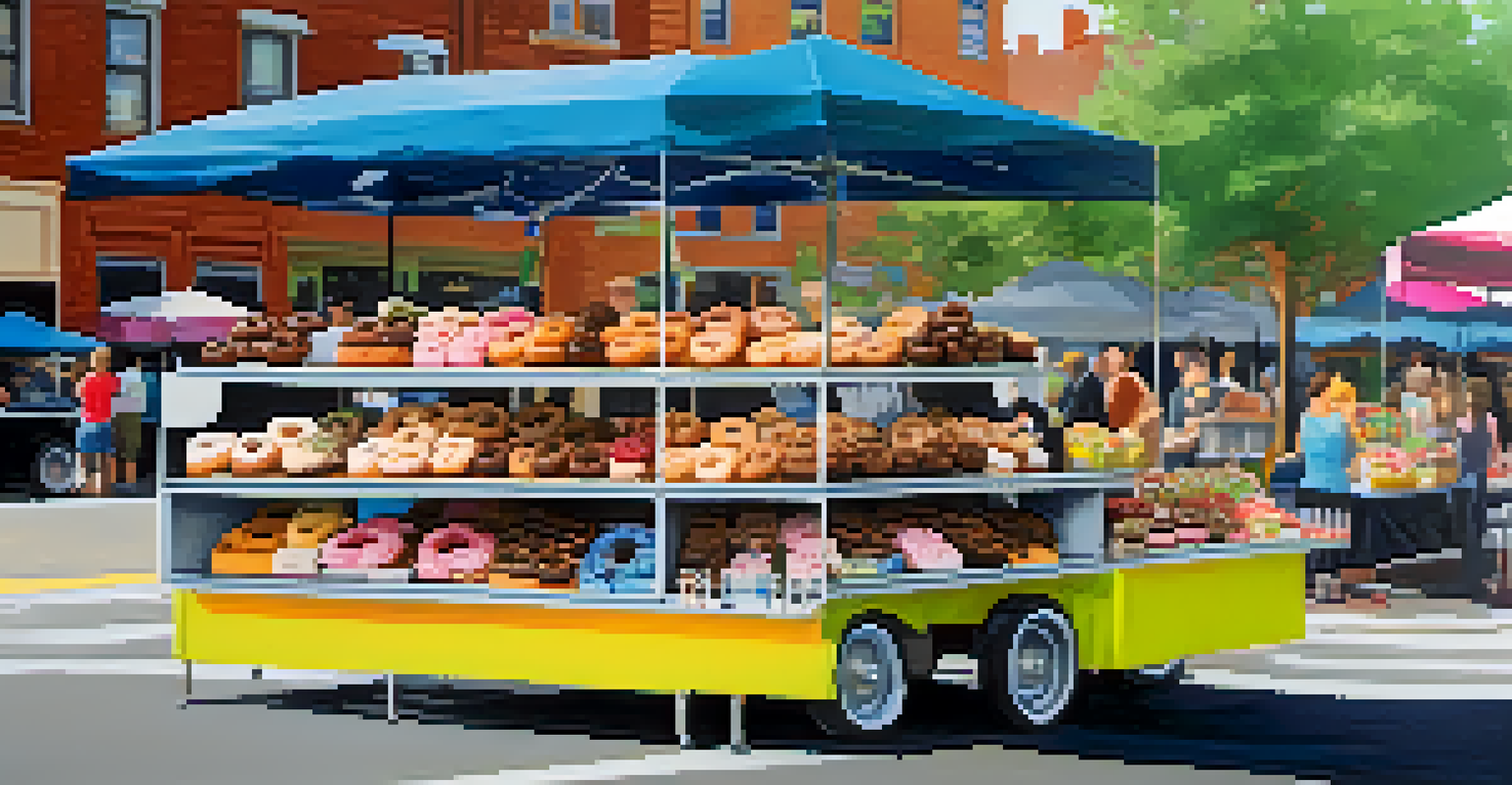 A dessert cart at a farmers market in Jersey City with colorful donuts and customers.