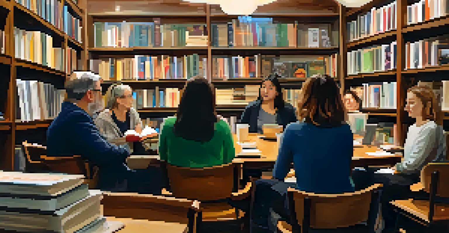 A cozy bookstore in Jersey City with warm lighting, wooden shelves, and an author reading to an attentive audience seated in a circle.