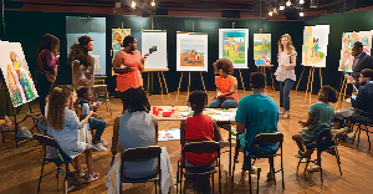 A lively theater workshop at the Jersey City Theater Center, featuring a diverse group of participants engaging in an acting exercise surrounded by artistic posters and colorful props.