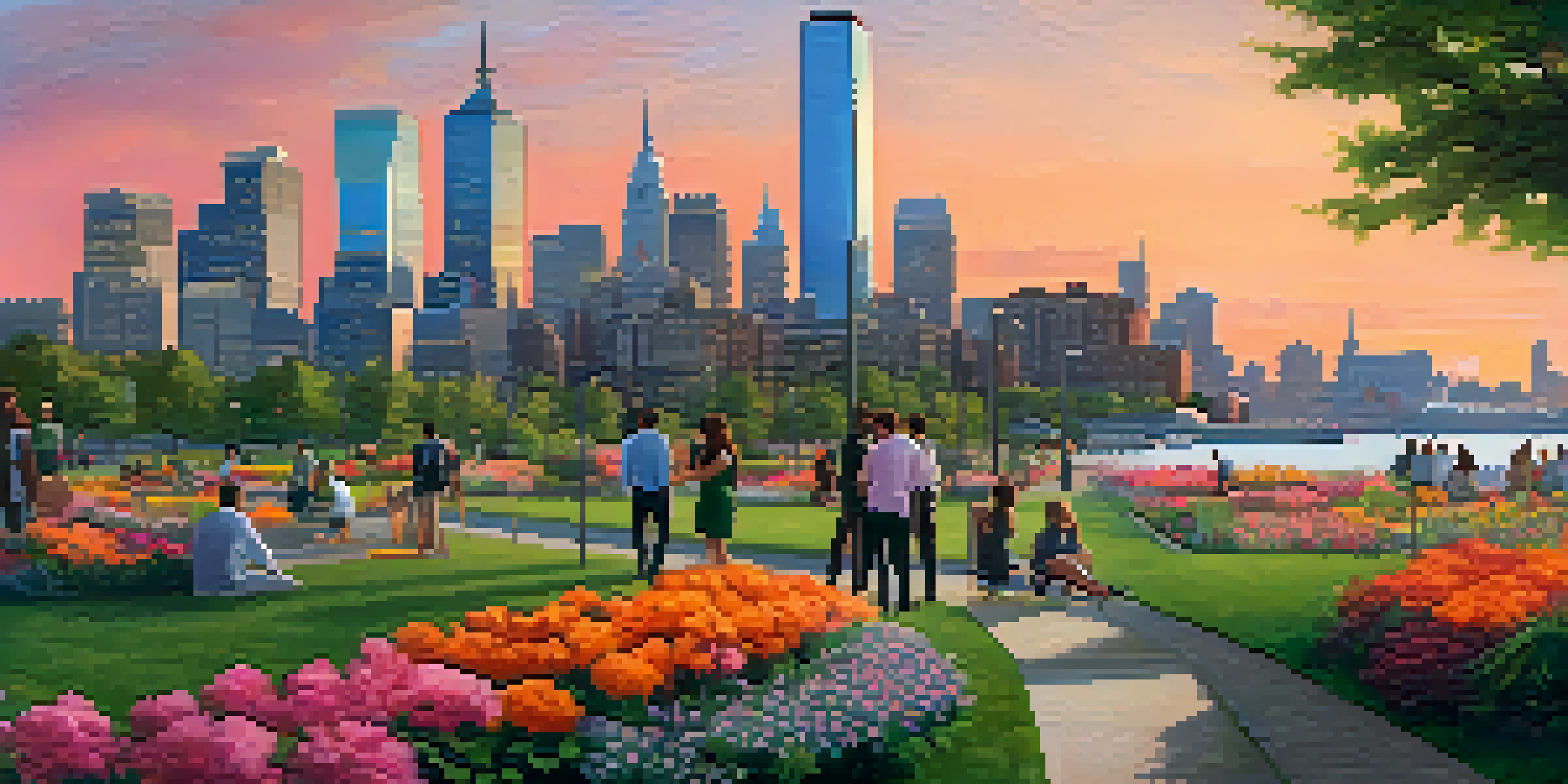 A sunset view of Jersey City with high-rise buildings and a waterfront, featuring people enjoying a park with flowers and greenery.