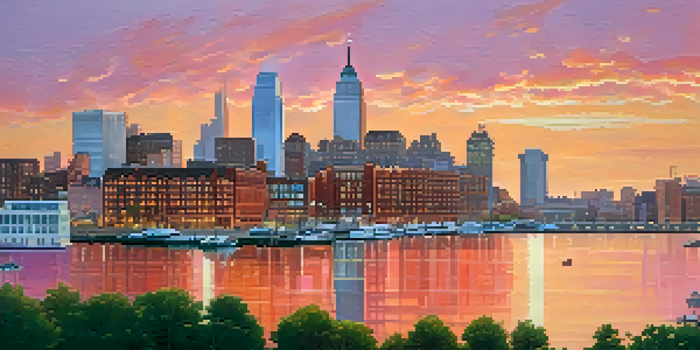 A panoramic view of Jersey City's skyline at sunset with modern skyscrapers and historic buildings, boats in the harbor, and lush parks.