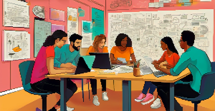 A close-up of a diverse group of startup founders brainstorming with sketches and digital devices around them.