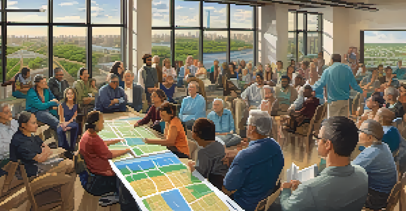 A community meeting in Jersey City about transportation planning, with residents discussing over a map and sharing ideas in a bright room.