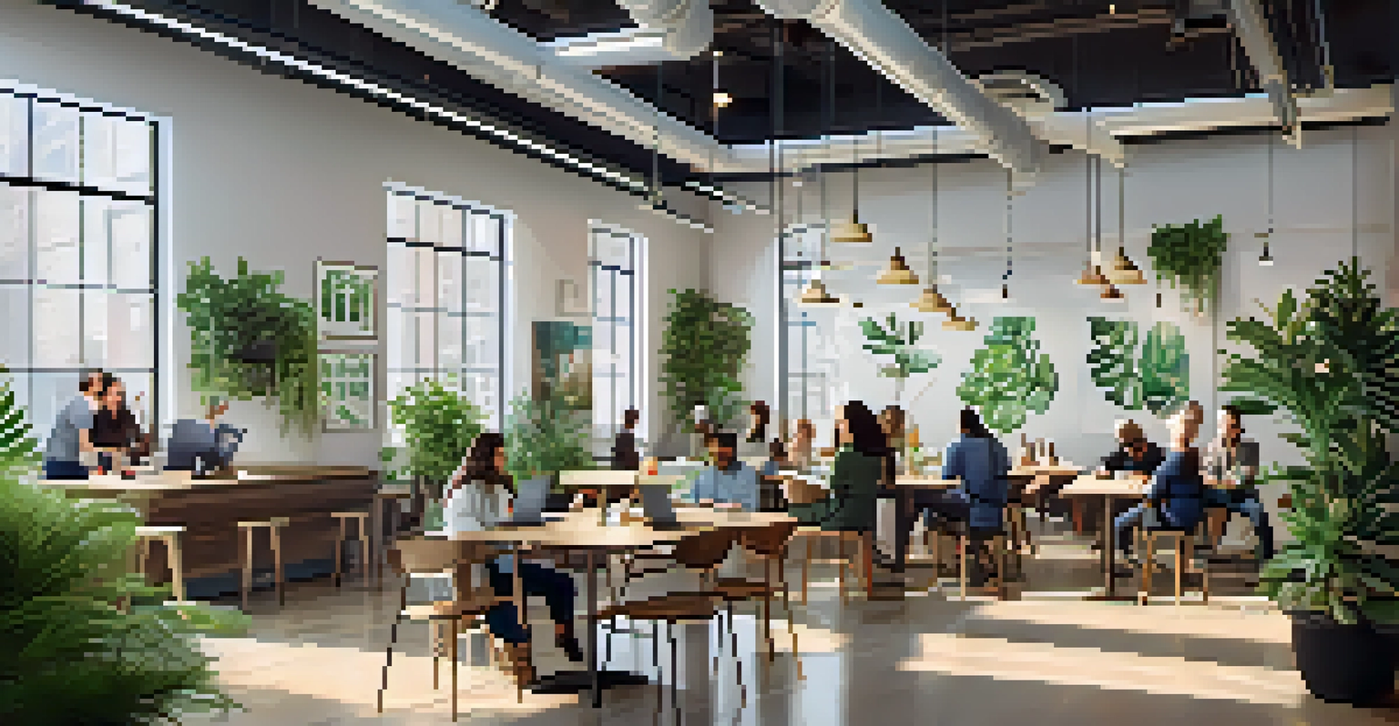Inside a trendy coworking space in Jersey City with people collaborating at tables, decorated with plants and bright artwork, illuminated by sunlight.