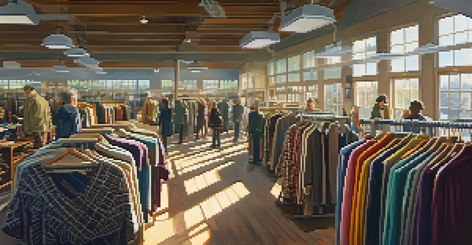 Interior of a cozy thrift store filled with vintage clothing, with warm light streaming through windows and people browsing.
